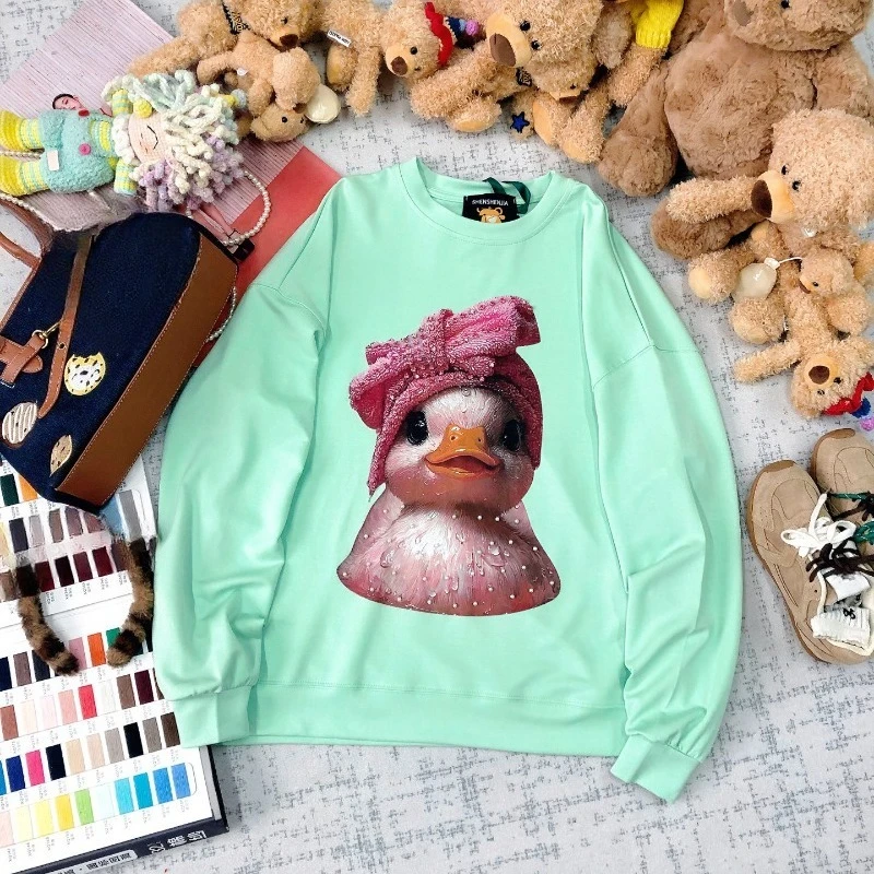 Autumn New Retro Hoodies Trendy Brand High Street Personality Cartoon Bead Printing Loose Casual Crew Neck Sweatshirts Jacket