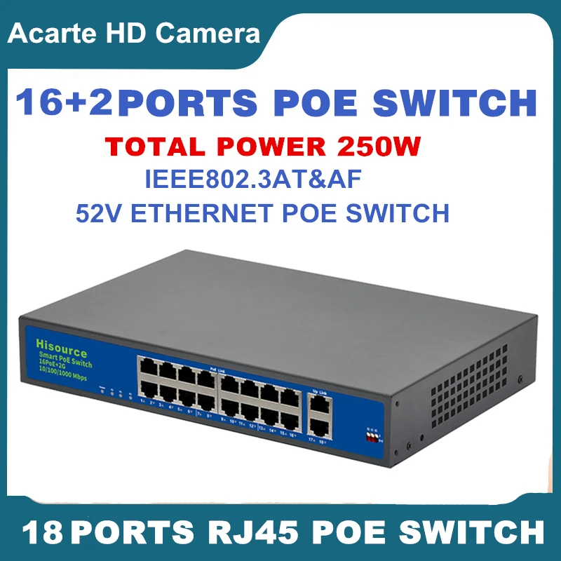 Gigabit POE Switch 16+2 Ports 1000Mbps 48V Ethernet 16CH Network Switches For IP Camera