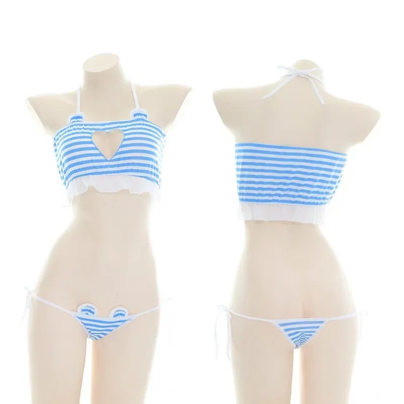 

Cute Female Student Underwear Set with Women Blue Stripe Skincare and Striped Neck Strap Anime Cosplay Sexy Heart Hollow Milk Le