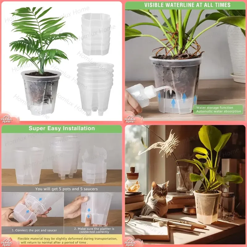 6 Inch Transparent Plastic Nursery Plant Pots Self Watering Garden Pots with Deep Reservoir 5 Pack for Indoor Outdoor Plants