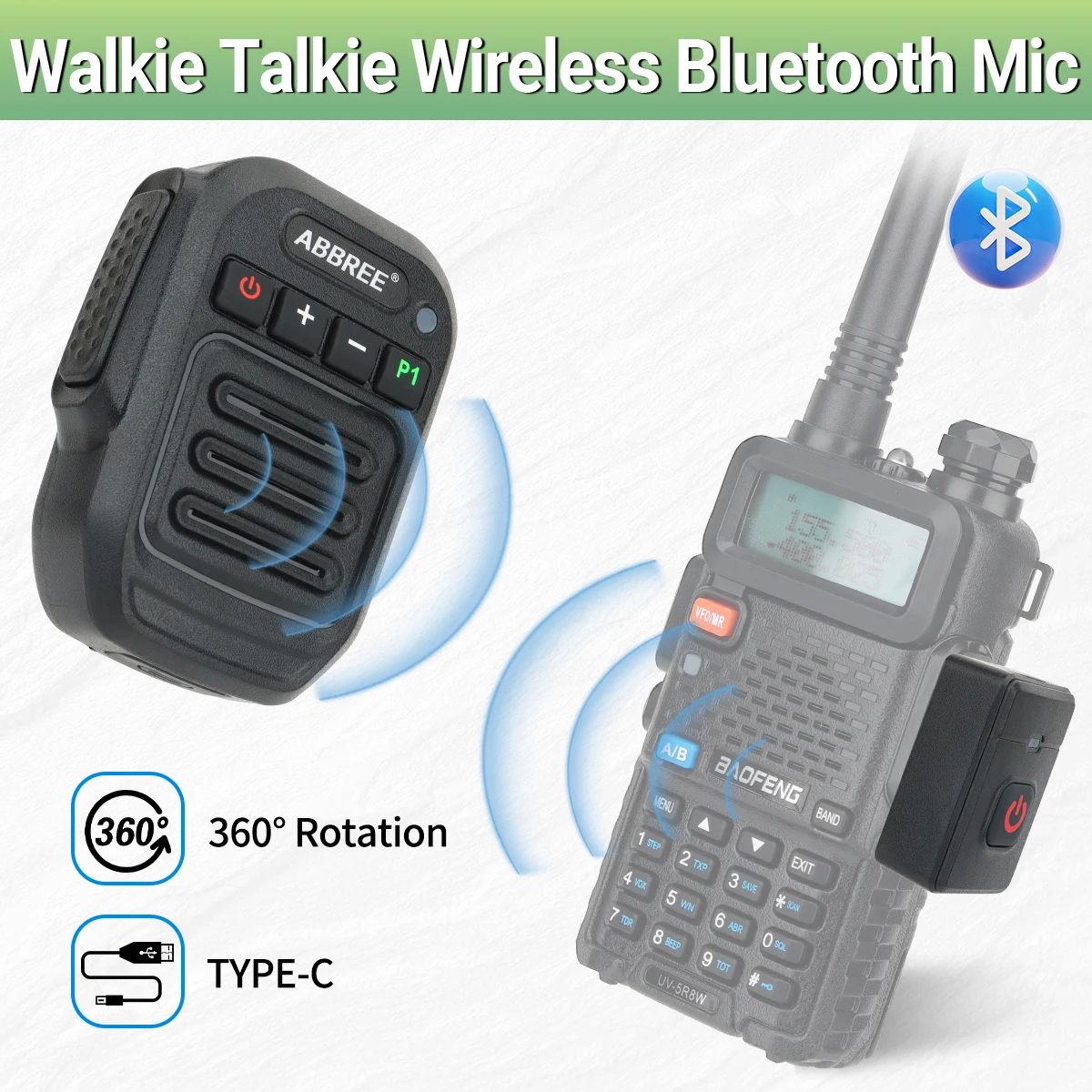 ไมโครโฟนบลูทูธไร้สายของ abbree ไมค์ในลำโพงพกพาสำหรับ UV-5R 5RH UV 21 Pro walkie talkie HAM