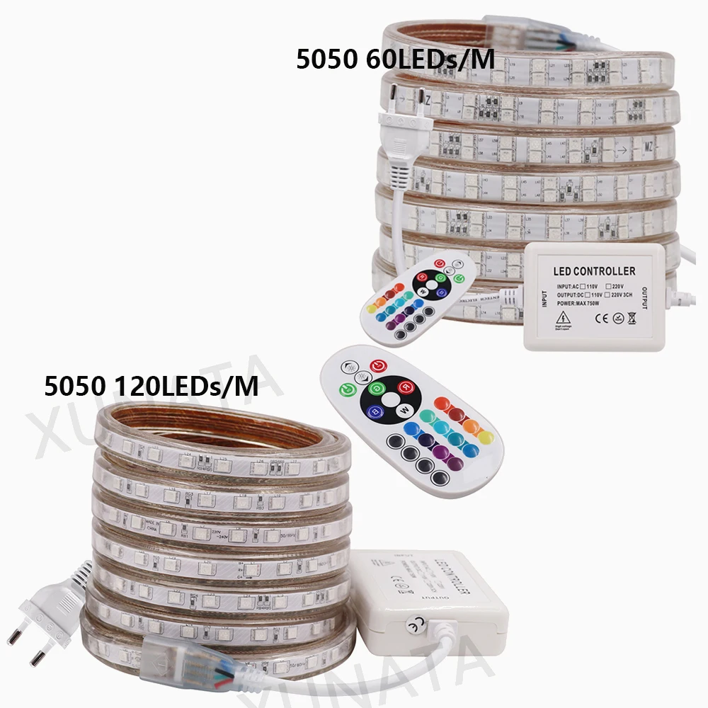 5050 RGB LED Strip Light 220V Double Row 60 120 LEDs/M Waterproof Supper Bright Flexible EU Kit 24Keys Remote 1M 5M 10M 15M 20M