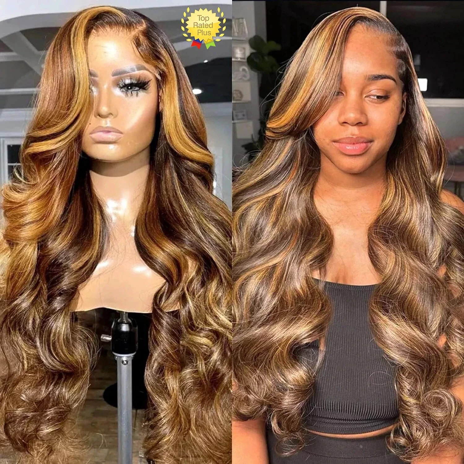 P427 Honey Gold Highlight Ombre Body Wave Lace Front Wig HD Glueless 13x4 180%Density 100% Premium Brazilian Virgin Human Hair