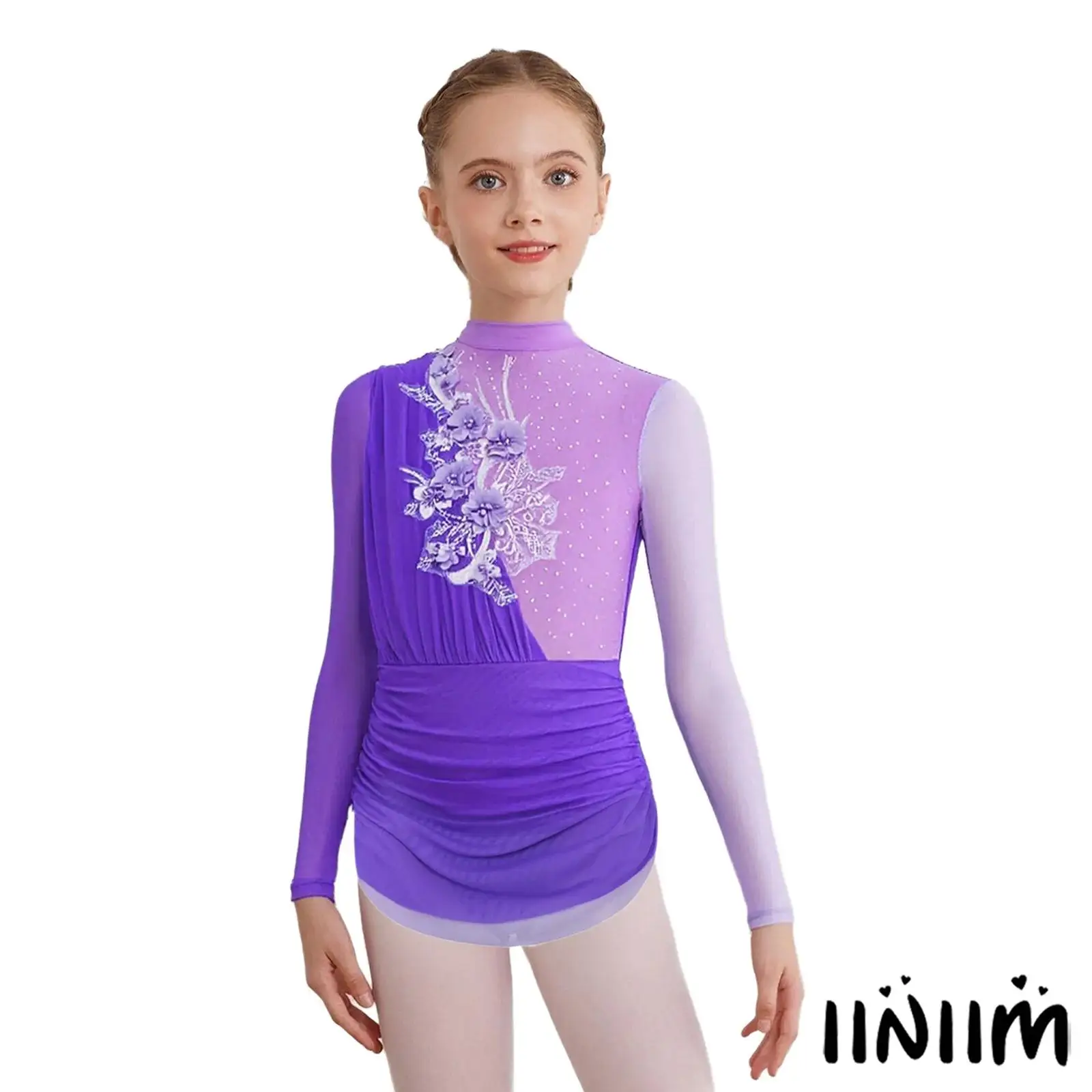 

Kids Girls Figure Skating Ballet Dance Bodysuit Shiny Rhinestones Applique Long Sleeves Ruched Skirts Leotard Dress Dancewear