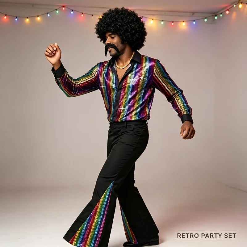 Party Photobooth Prop Men 70s Dance Costume with Glitter Shirt and Bell Bottom Pants for Halloween Party and Stage Performance