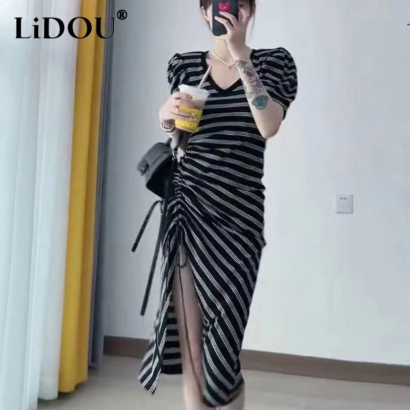 

Summer New Sexy Fashion V-neck Drawstring Slit Bodycon Dresses Lady Solid Color Tee Robe Dress Female Short Sleeve Slim Vestido