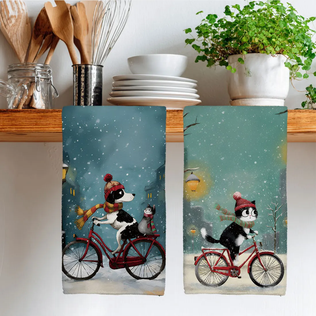 40x60cm Christmas Tea Towel Kitchen Dishcloth Cat Dog Riding Bicycles in Snow Scenery Water Cleaning Cloth Gift Christmas Decor