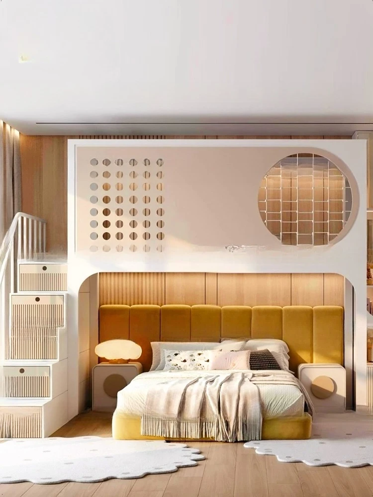 Tempat tidur anak modern mewah dengan desain susun tingkat atas dan bawah, terbuat dari kayu solid dengan tangga dan lemari.