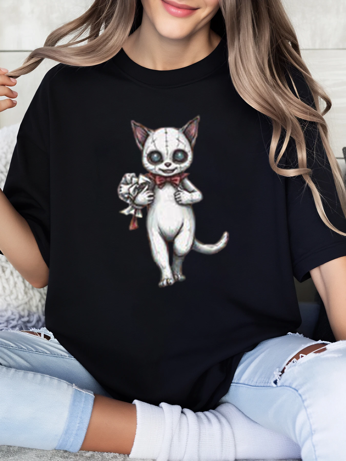 

Cat Skeleton with Rose Print Halloween T-Shirt Women Casual Wear Party Outfit Black Plus-Size