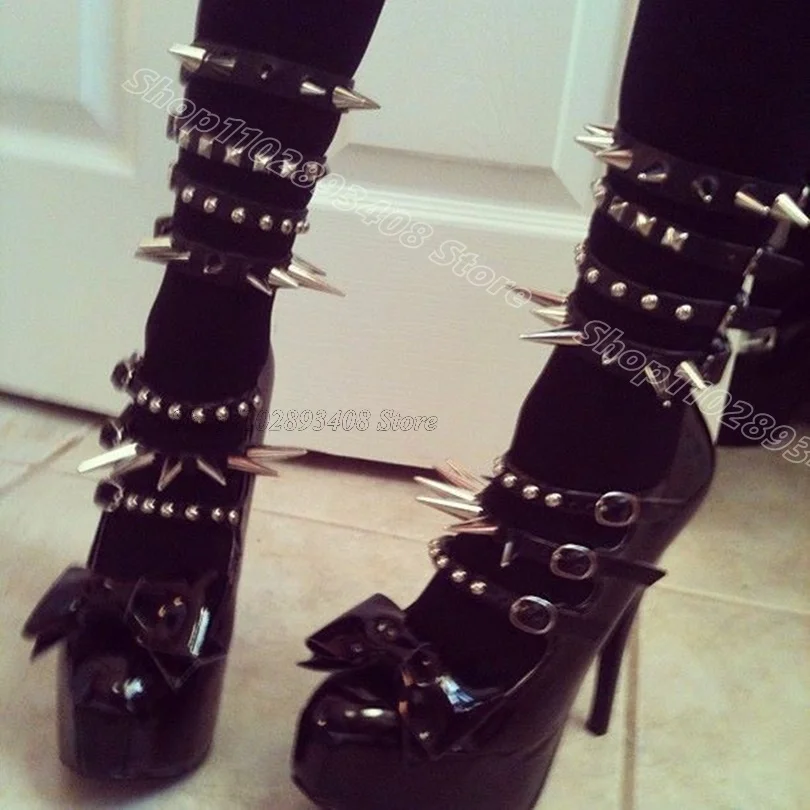 

Black Rivet Decor Bowknot Pumps Round Toe Stiletto Heels Ankle Buckle Party Casual Design for Women Shoes Zapatos Para Mujere