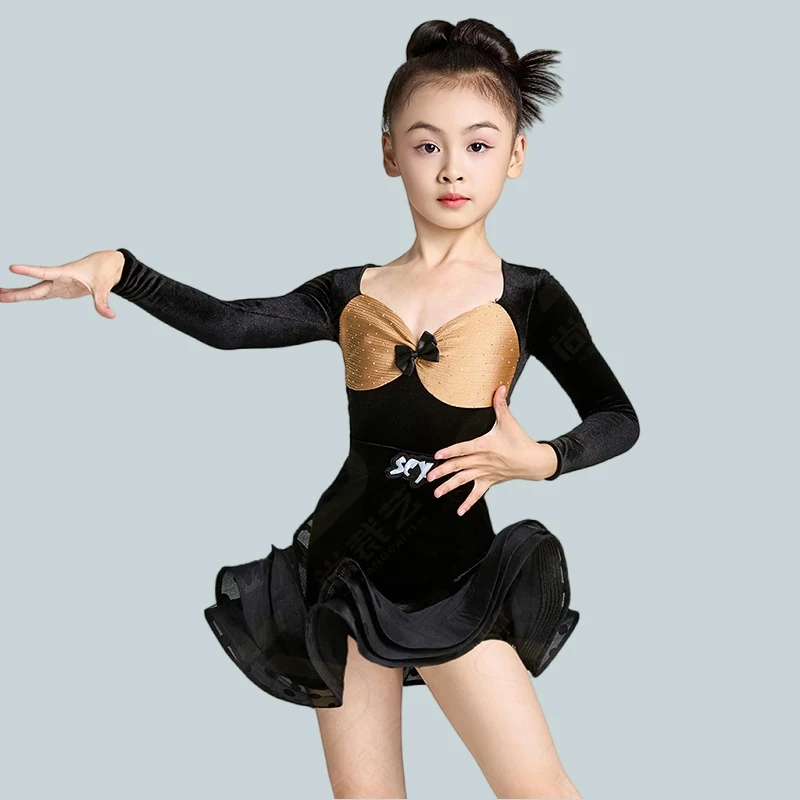 

Зимняя одежда для латинских танцев для девочек 2025 года, черный танцевальный купальник с длинными рукавами, юбка в горошек, детский наряд для латинских выступлений