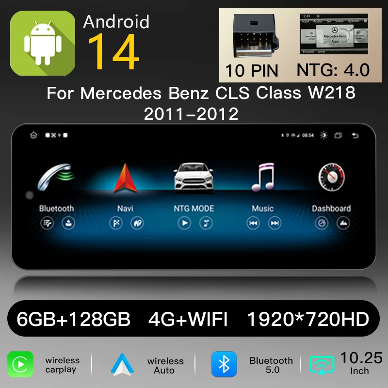 10,25" 1920*720 Draadloos CarPlay-scherm Android 14 autoradio voor Mercedes Benz CLS-klasse W218 2011-2018 4.0/4.5/5.0 multimediaspeler GPS-navigatie 4G IPS WiFi BT stereo hoofdunit audio