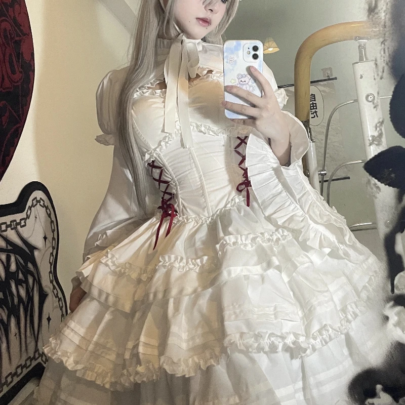 

Original Design Women Girls Sweet Lolita Dress Gothic Style White Spaghetti Straps Sling Dress JSK and Cape Princess Dress 2025