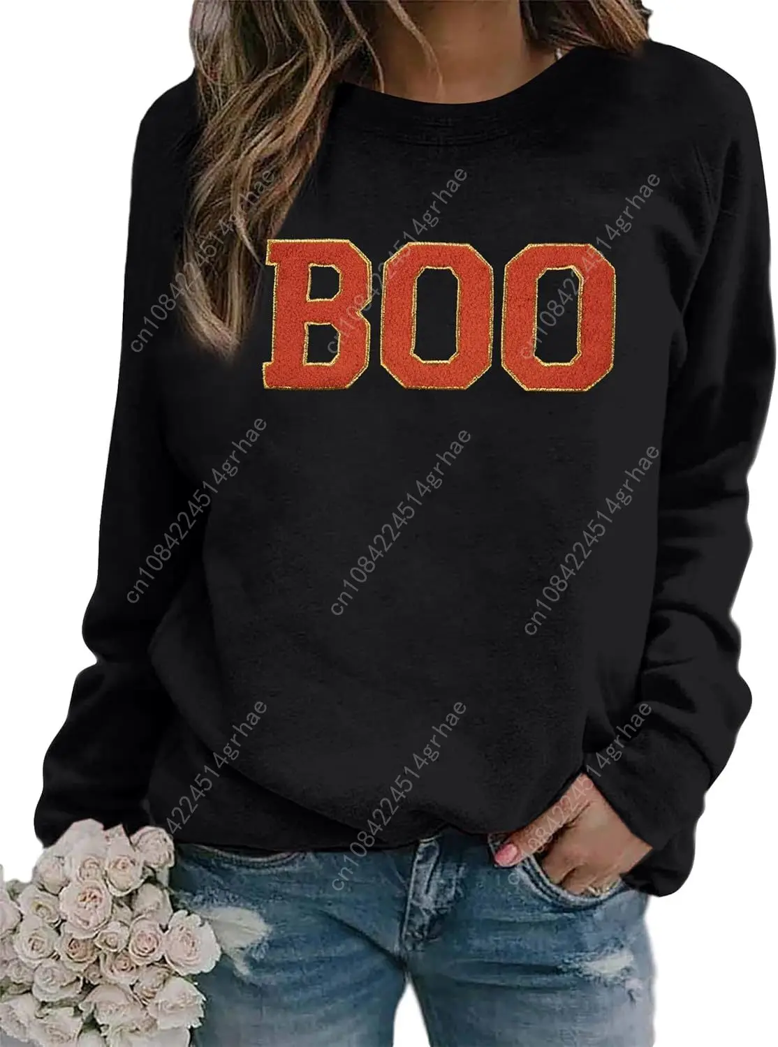 Halloween Sweatshirt voor Dames Boo Geborduurde Truien Schattig Spooky Seizoen Shirt Lange Mouw Herfst Winter Pullover Tops