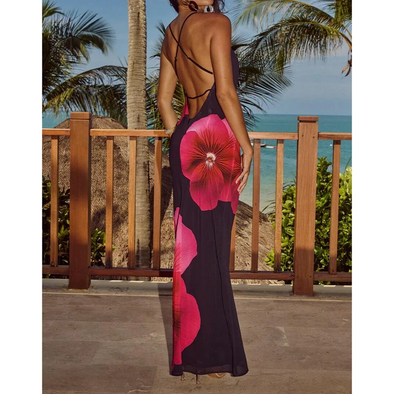 Combhasaki Damska Letnia Sukienka Boho Bez Rękawów z Dekoltem typu Cowl, Regulowanymi Cienkimi Ramiączkami, Odkrytymi Plecami, Kwiatowym Nadrukiem, Rozkloszowana Sukienka Cami Slip Długa