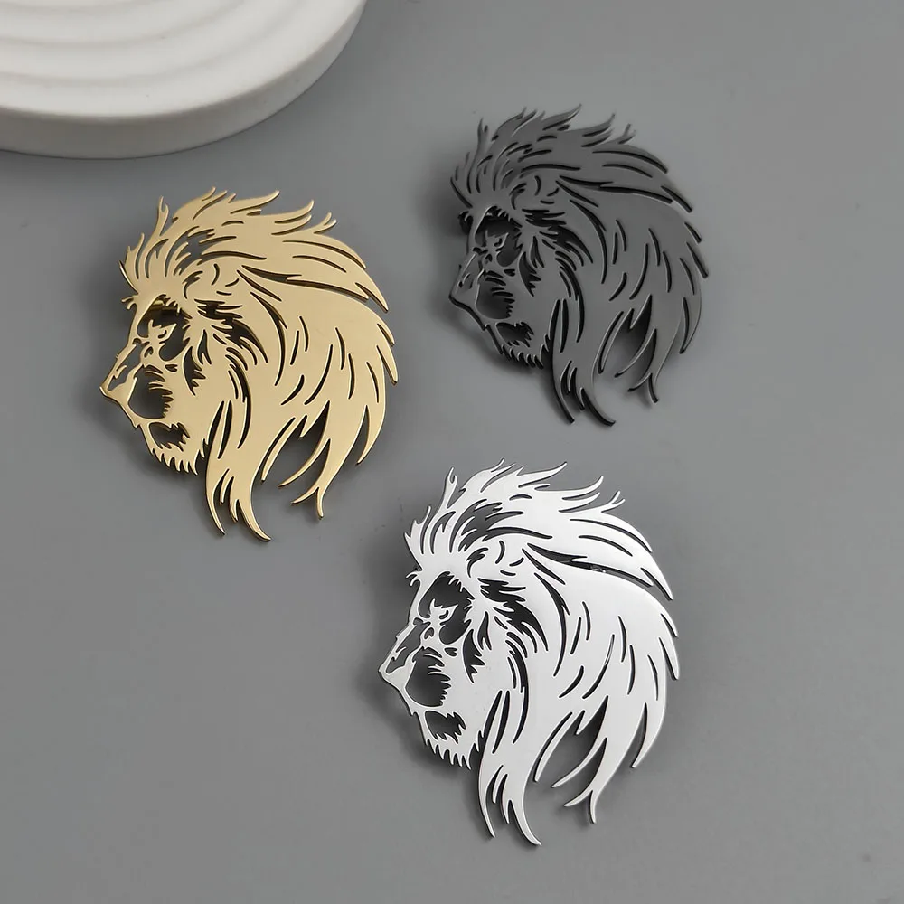 3 colorset 18K Gold‑Plated 316L Stainless Steel Lion Head Brooch Hollow Beast Accessory For Suit Blazer Lapel Decor Pin