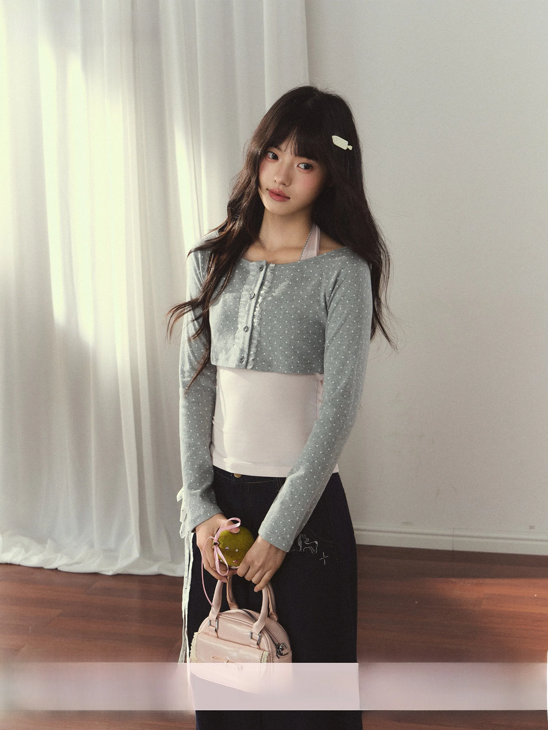 

Umoumo Polka Dot Ruffle ort Knitted Cardigan Casual Sle Slim Fit T-irt Two-Piece Set for Young Women round Ne Long Sl...