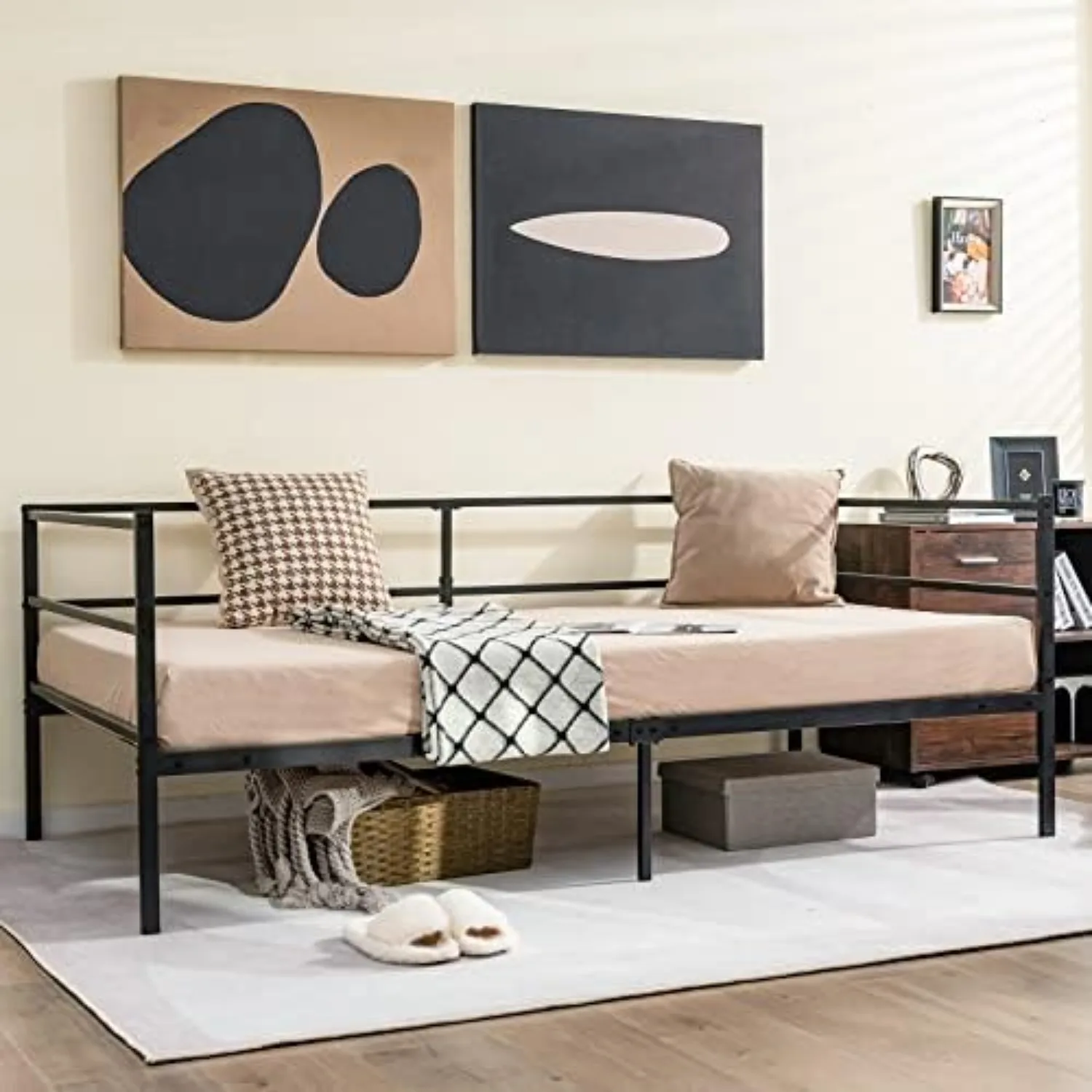 Metal Twin Daybed Frame, Day Bed with Metal Slat Support & 3-Sided Guardrails, 2-in-1 Space-Saving Sofa Bed for Living