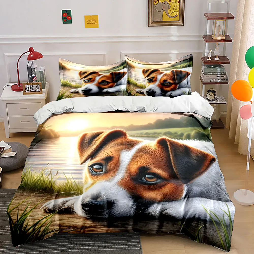 Dog under warm sunset Pattern Duvet Cover Set Digital Print Colorful Polyester Bedding with Zipper Closur for kids gifts