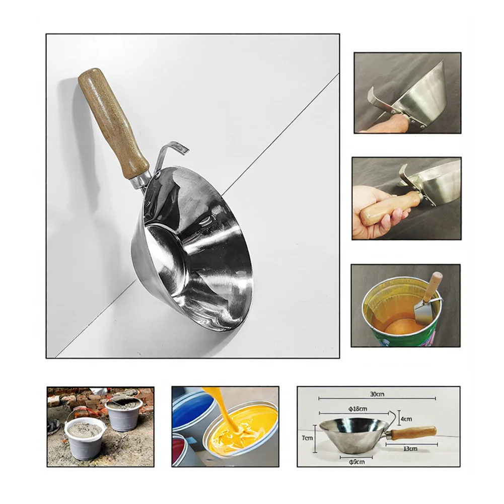 Construction-Ready Stainless Steel Mixing Bowl with Solid Wooden Handle for Cement Lime Putty Skim Coat and Restoration Work