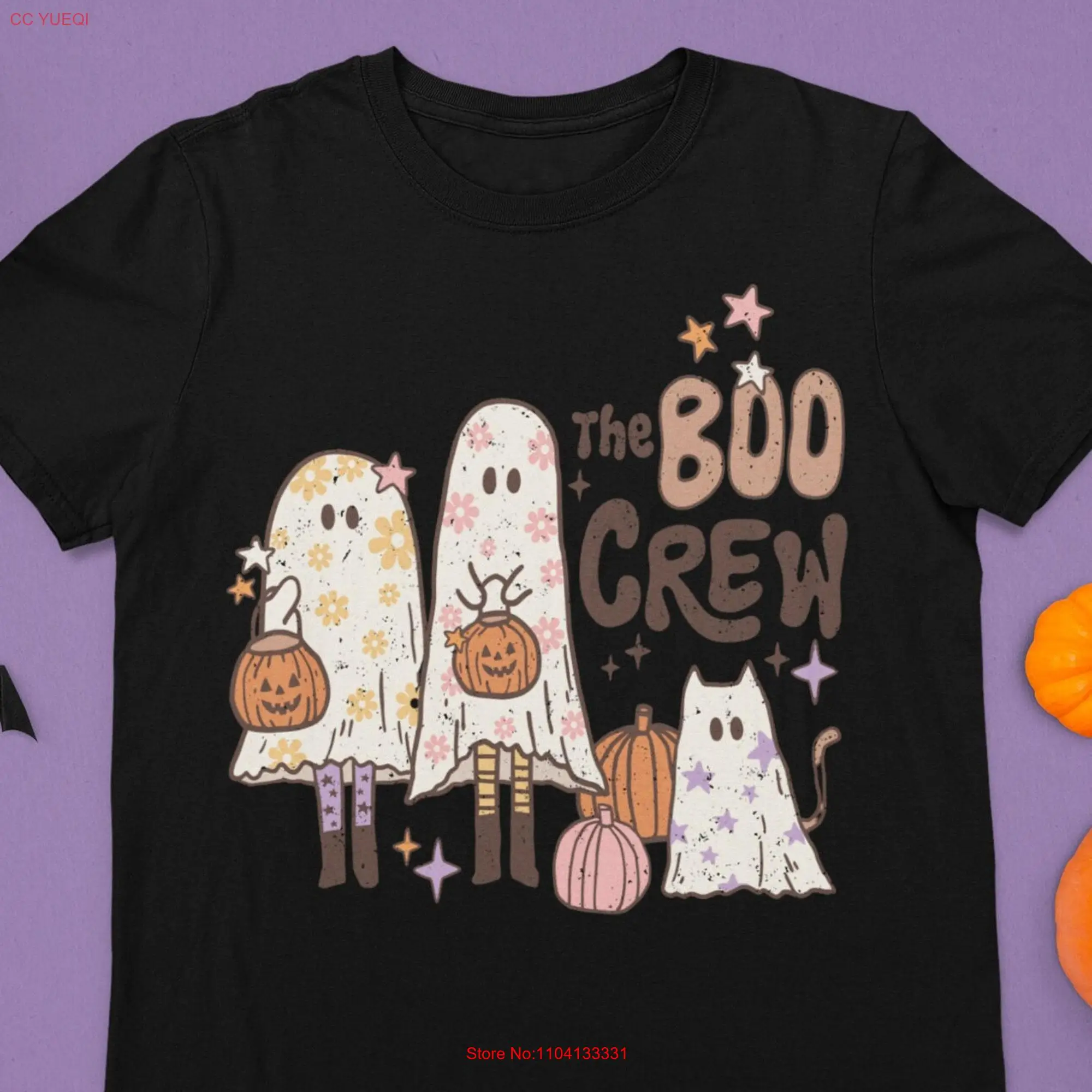 HALLOWEEN BOO CREW T Shirt Funny Ghosts and Pumpkins Design Trick or Treat Fall Season Adults long or short sleeves