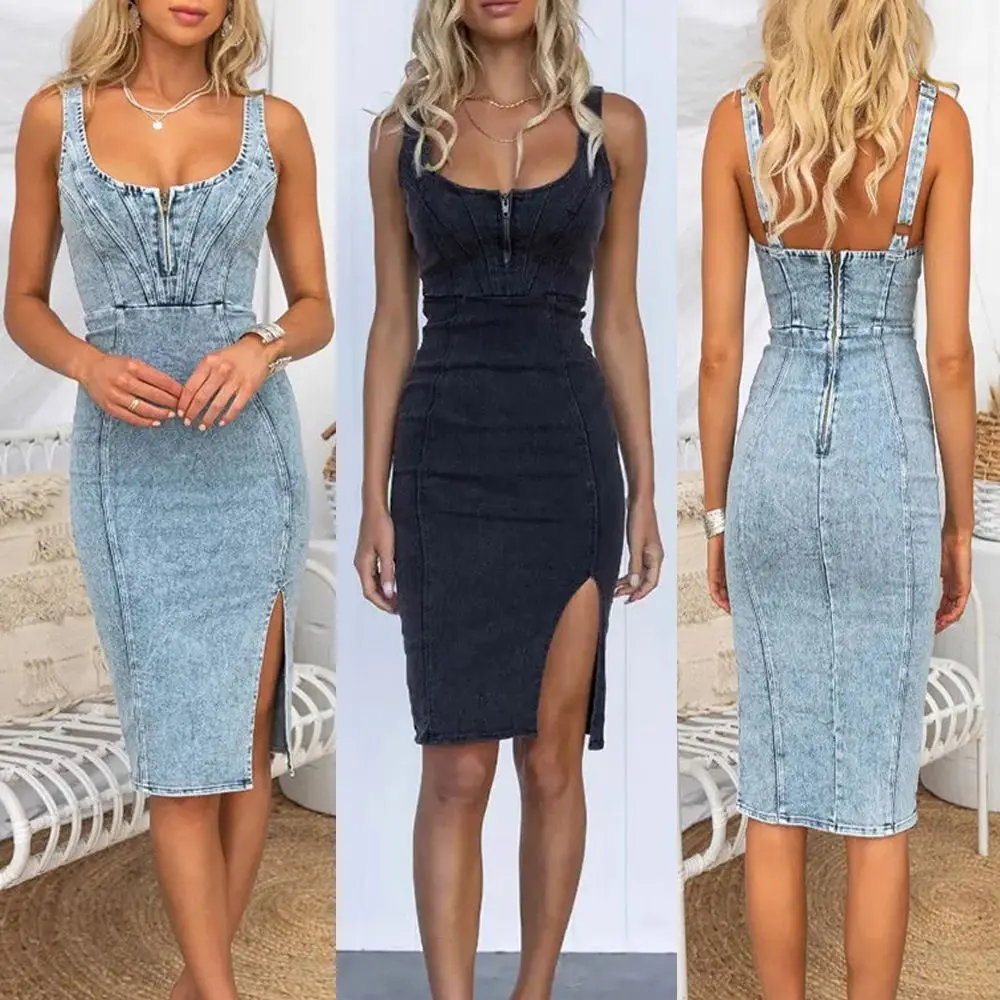 

Dress Women Female Clothing Fashion Elegant Evening Party Dresses Short Sleeves U-neck Suspenders Casual Denim Dress