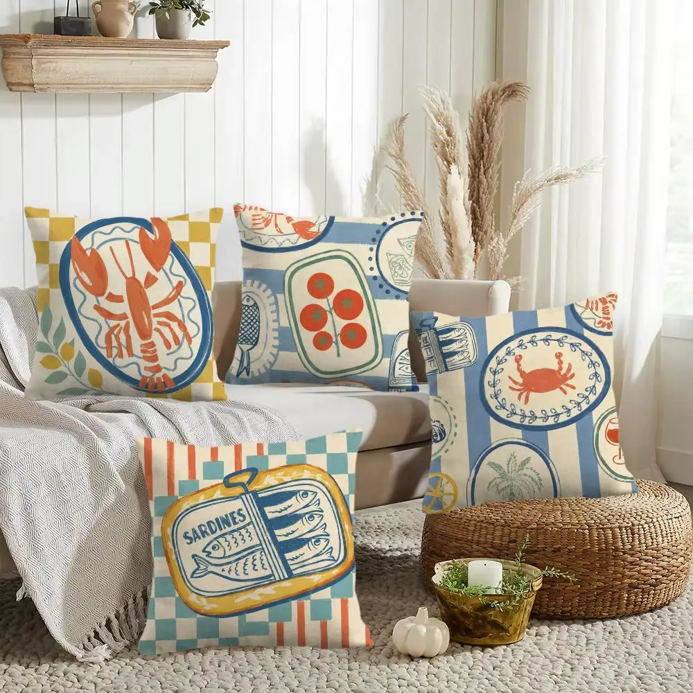 Mediterranean Seafood Plates Cushion Cover Silky Short Plush Invisible Zipper Dustproof Sofa Pillow Case for Home Decor