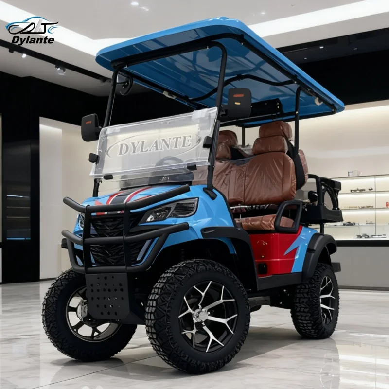 

2026 Новая горячая распродажа, 2 + 2 сиденья, 2 ряда, 120 Ач, литиевая батарея, электрическая тележка для гольфа, 4WD, 10 кВт, внедорожный охотничий автомобиль