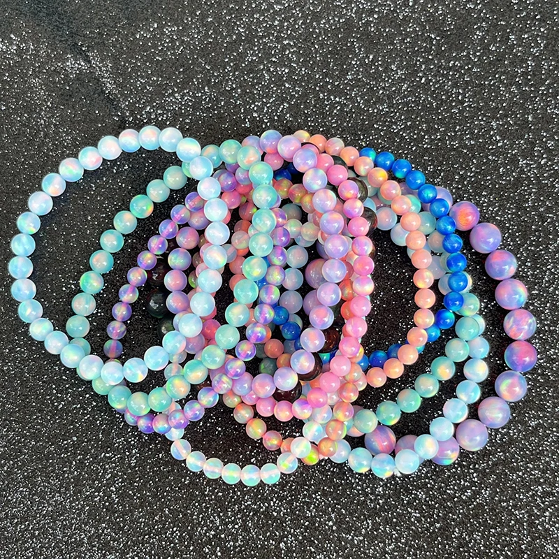Aurora Color Oparex Nebula Opal Bead Bracelet, Synthetic Ball Shape Aurora Opal Stone Bracelet