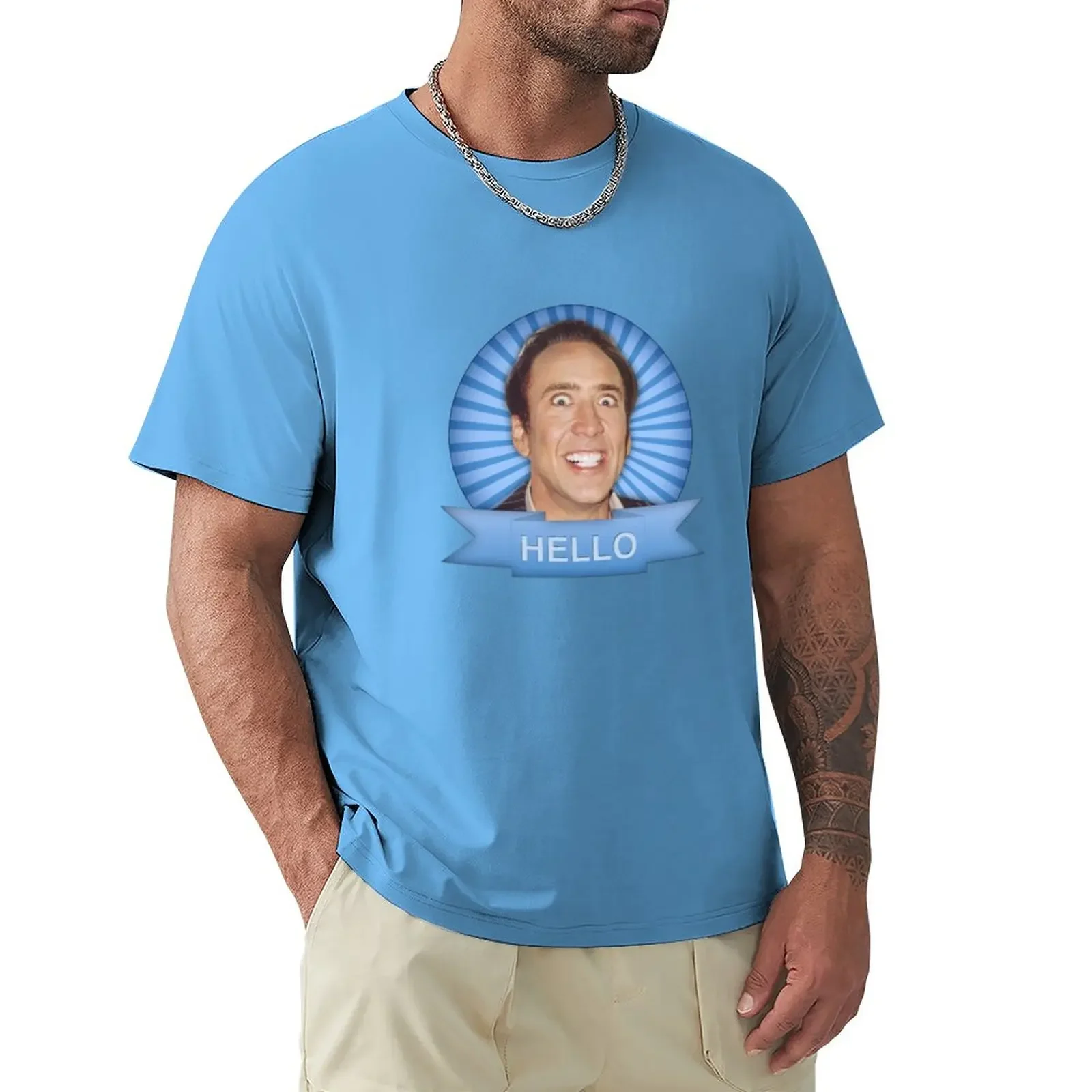 Nicolas Cage - HELLO w/Banner T-Shirt shirts graphic tees oversized customs men clothes