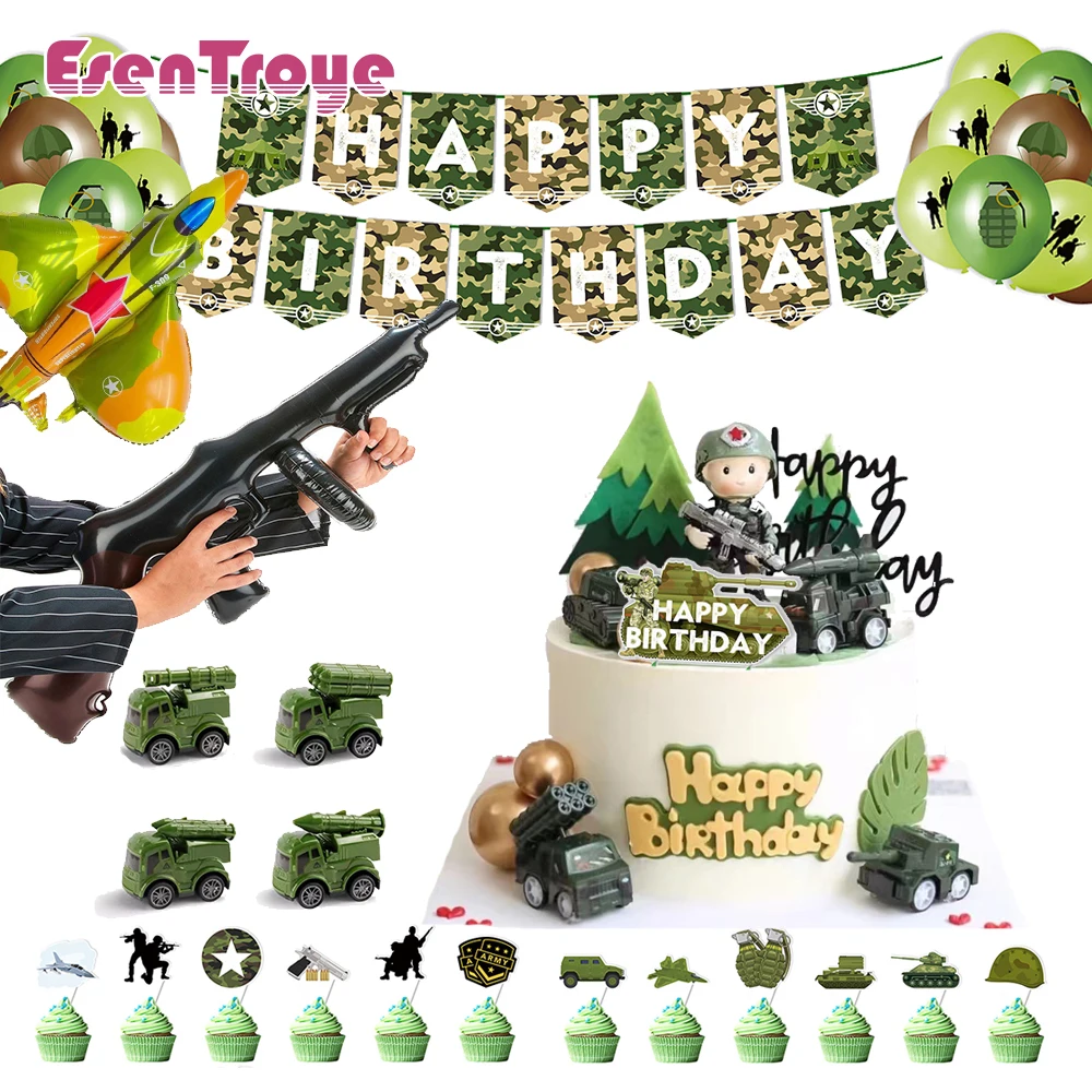 Camouflage Birthday Cake Decoration Camo Army Cake Toppers Banner Military Soldier Tank Plane for Boys Party Favor Gift Kids Toy