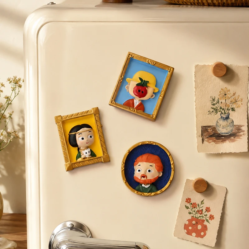 Vintage Framed Q‑Version Masterpiece Resin Fridge Magnet 3D Sculpture Famous Painting Figure Kitchen Refrigerator Decor Gift