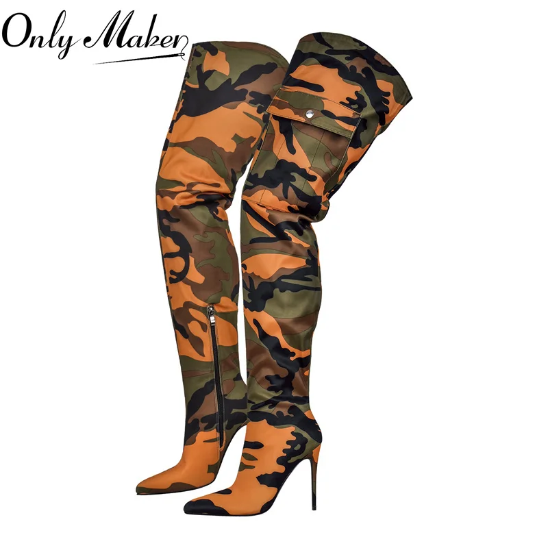 

Onlymaker Womens Camouflage Over The Knee Boots Thin Heel Pointy Colorful Print Mixed Colors Thigh High Boots