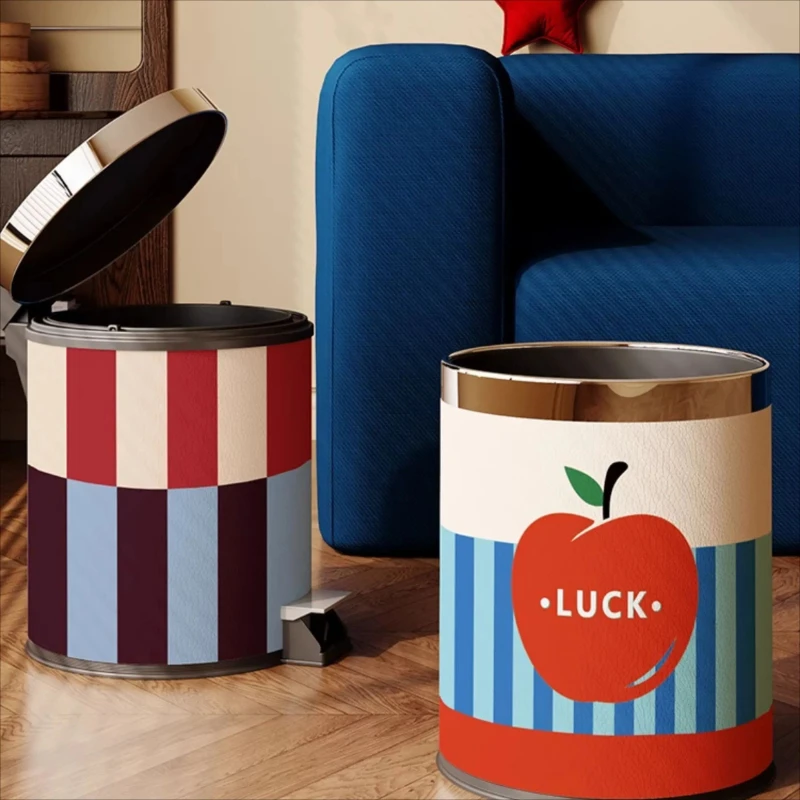 Leather Spliced Color Trash Can, 2026 New Retro American Style Large Capacity Waste Bin for Home Living Room Bedroom Bathroom