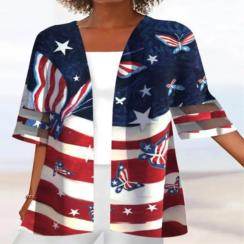 Tops de dos piezas de talla grande para mujer, Media manga, cuello redondo, rayas, bloque de color, Bandera Nacional