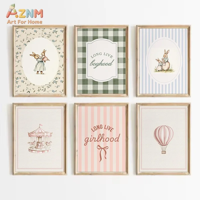 Vintage Bunny Nursery Wall Art Set Boy Girl Check Striped Carousel Hot Air Balloon Canvas Prints Neutral Baby Bedroom Decor