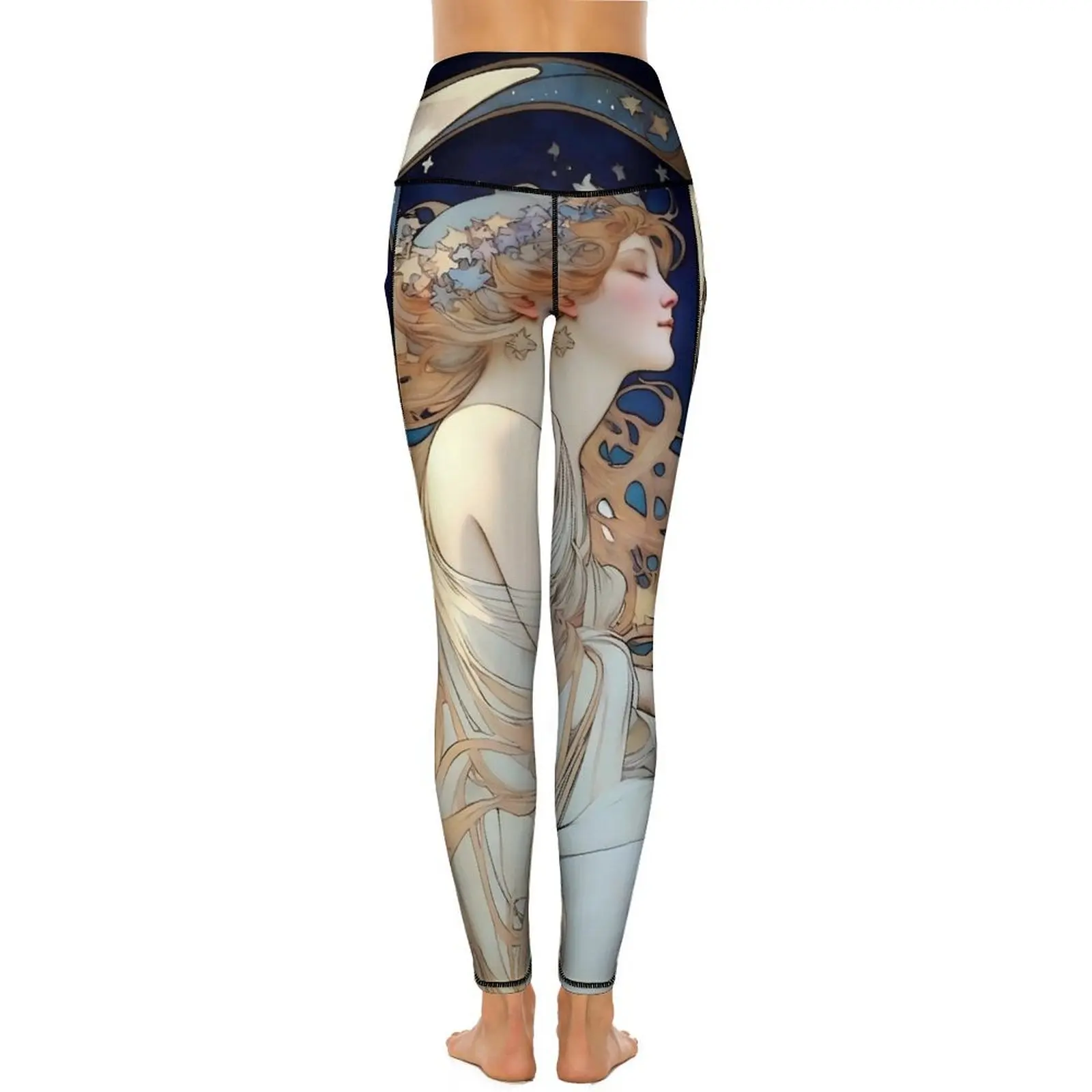 Art Nouveau Leggings Alphonse Mucha inspirierte Mond und Sterne Fitness Yoga Hose hohe Taille süße Leggins Stretch Sportstrumpfhose