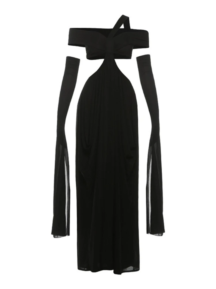 SsTss Mode Off Schouder Lange Feestjurk Vrouwen Sexy Een Band Arm Mouw Uitgesneden Detail Ruches Nachtclub Jurk Elegant gewaad