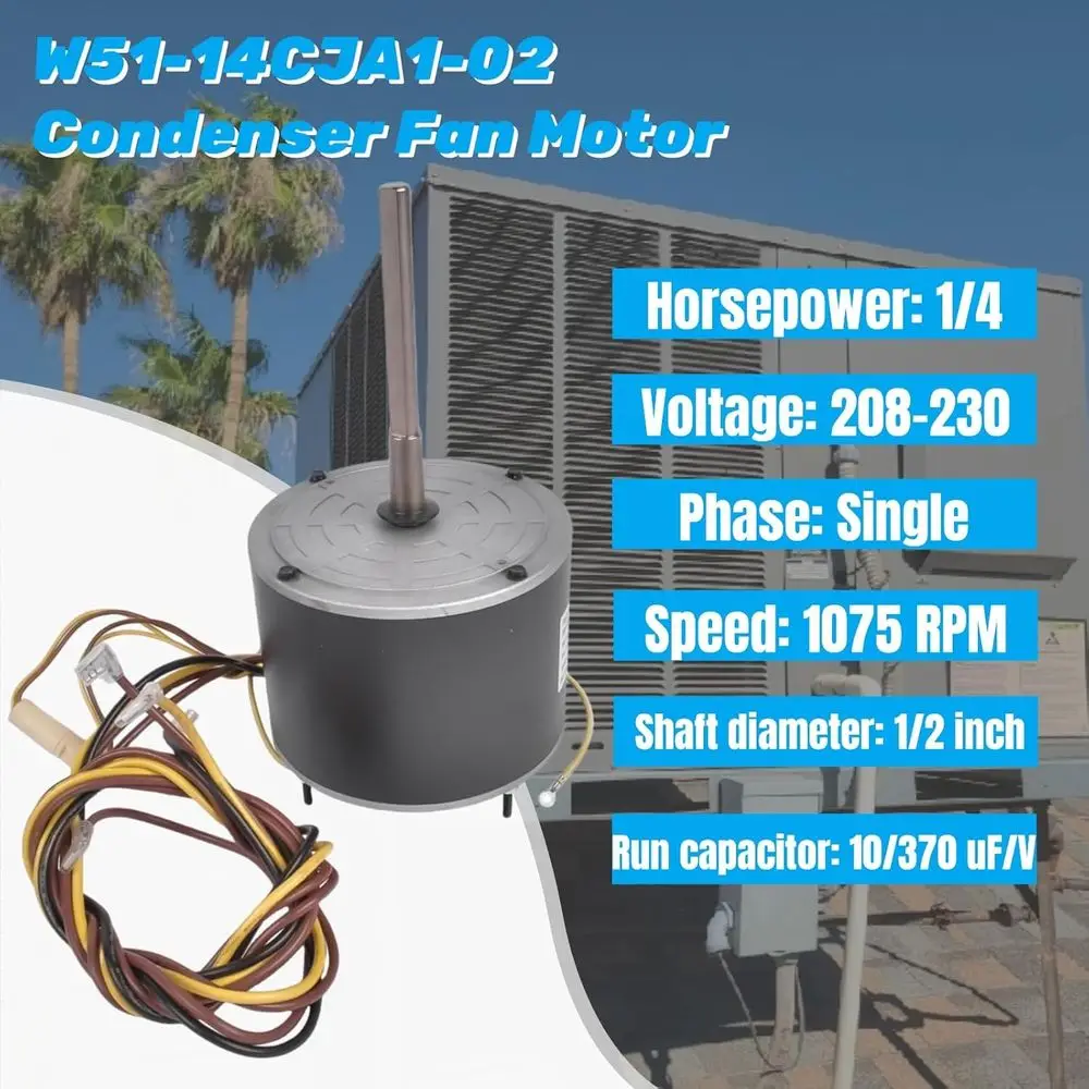 W51-14CJA1-02 Condenser an Motor - 1/4 HP, 208-230V, 1075 RPM, Reversible Rotation, Replacement or HVAC Units, Commercial Rerige
