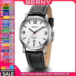 BERNY Orologio da polso meccanico da uomo Orologio impermeabile 5ATM Orologio da ferrovia svizzero in pelle casual ST1612 Orologio automatico da uomo di lusso