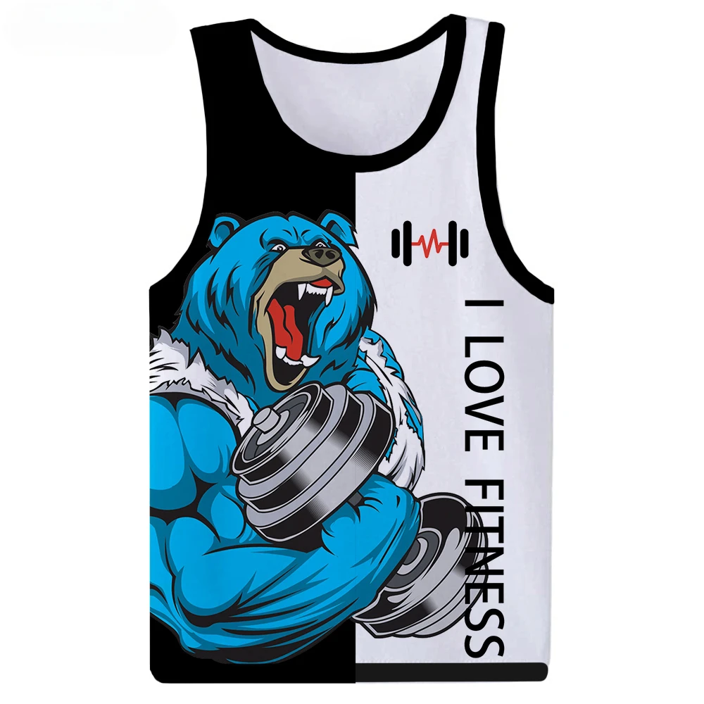 Take A Dumbbell Bear Love Fitness 3D Tank Tops Cartoon Animal Letter Print Tshirt Sleeveless Shirts Vest Streetwear GYM T-shirt