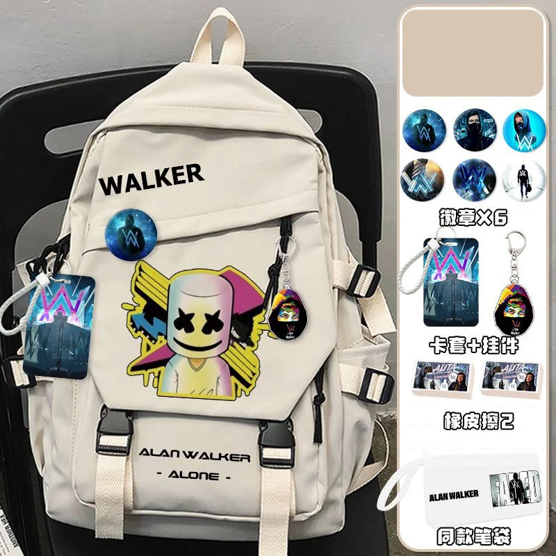 Tas ransel sekolah hitam putih, Alan Walker,AlanWalker, Marshmello, tas ransel sekolah anak-anak remaja kapasitas besar Mochilas Anime anak laki-laki dan perempuan