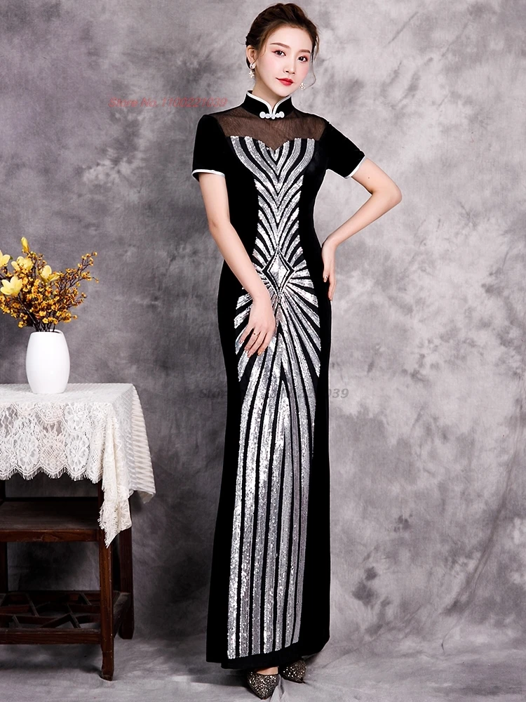 

2025 chinese vintage dress improved cheongsam oriental banquet evening dress traditional flower sequin velvet qipao formal dress