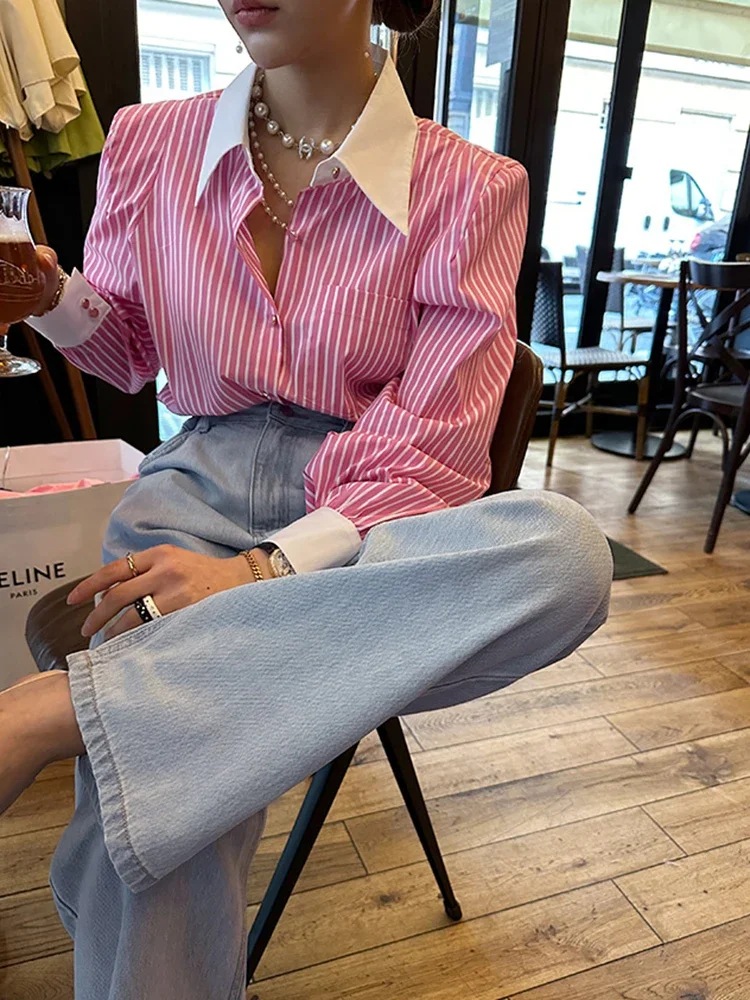 Jmprs Elegant Women Shirts Korean Striped Red Fashion Turn Down Collar Office Ladies Tops Long Sleeve Causal Female Blouse