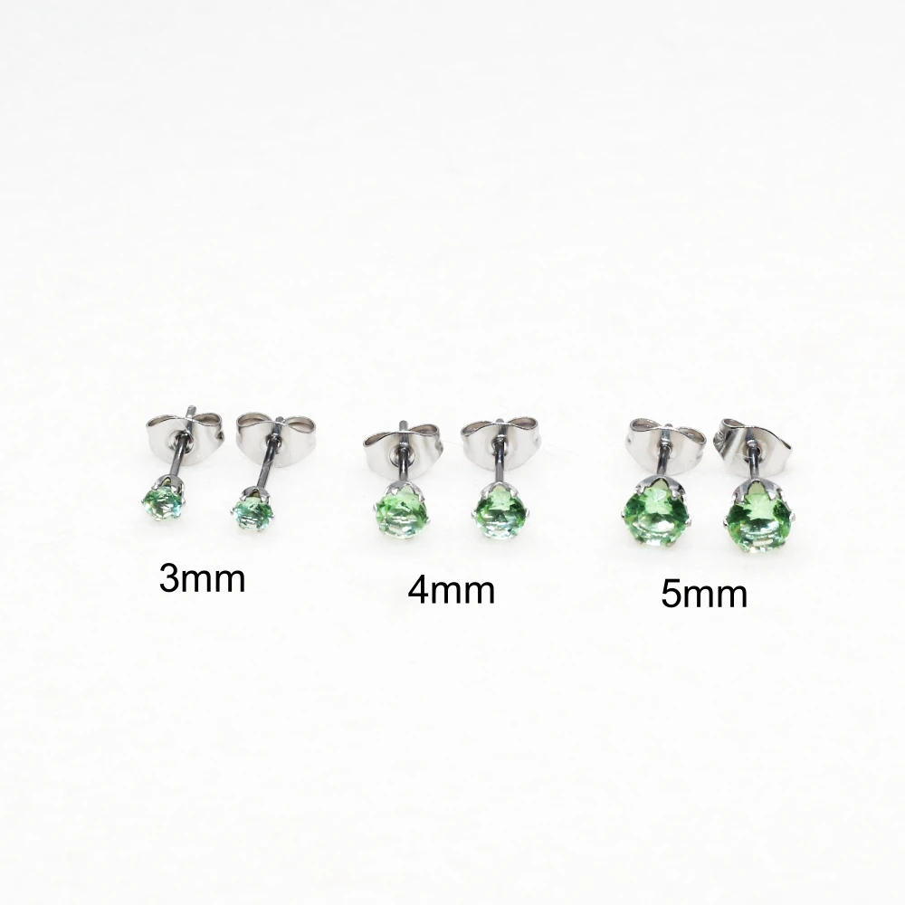 Klassische Ohrstecker aus Edelstahl mit Apfelgrünem Glas, zum Aufstecken, für Damen und Herren, 3 mm, 4 mm, 5 mm, zur Auswahl. – Detail 1