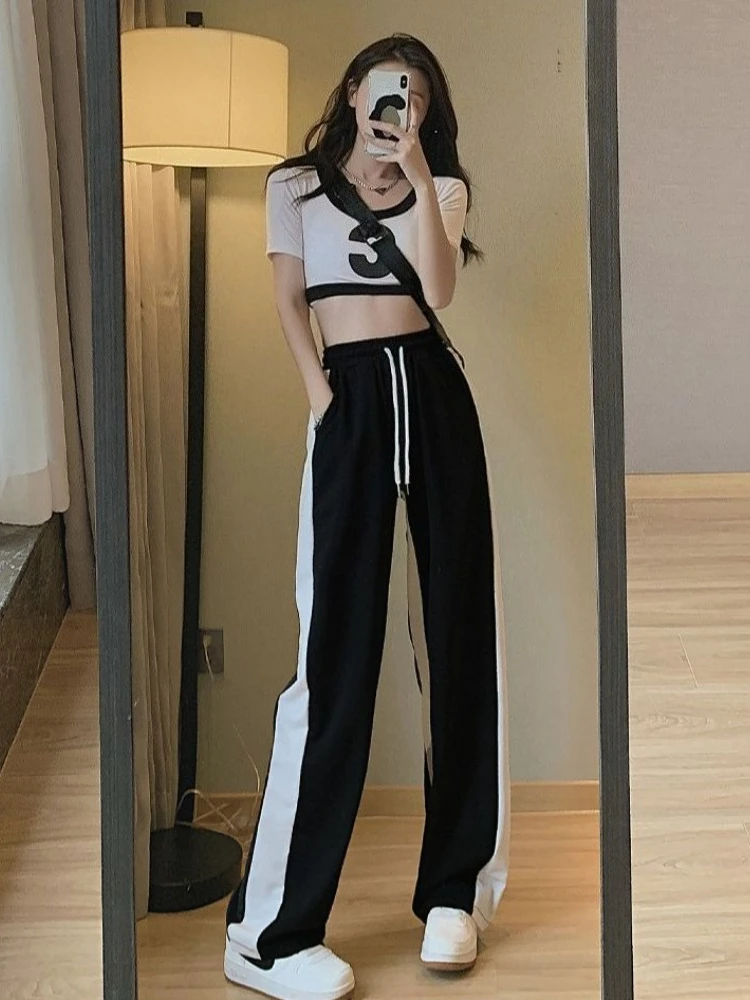 Women's Ice Silk Pants Summer High Waist Wide Leg Trousers Pink Flowy Sweatpants Straight Loose Casual Joggers For Petite