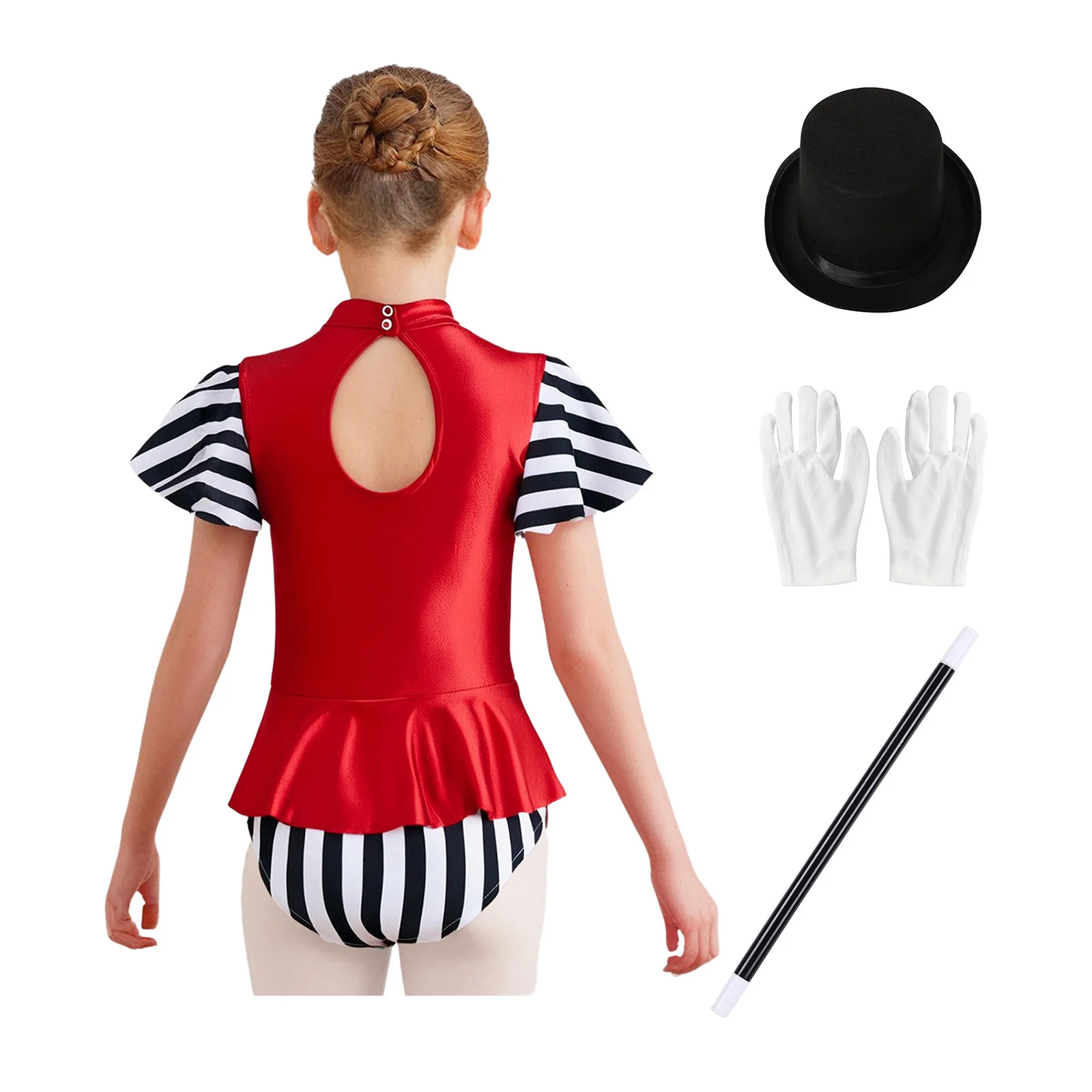 الفتيات 4 قطعة زي السيرك Ringmaster لمعان معدني المرقعة وهمية الرقبة قصيرة الأكمام بذلة وقفازات قبعة المتطابقة عصا سحرية
