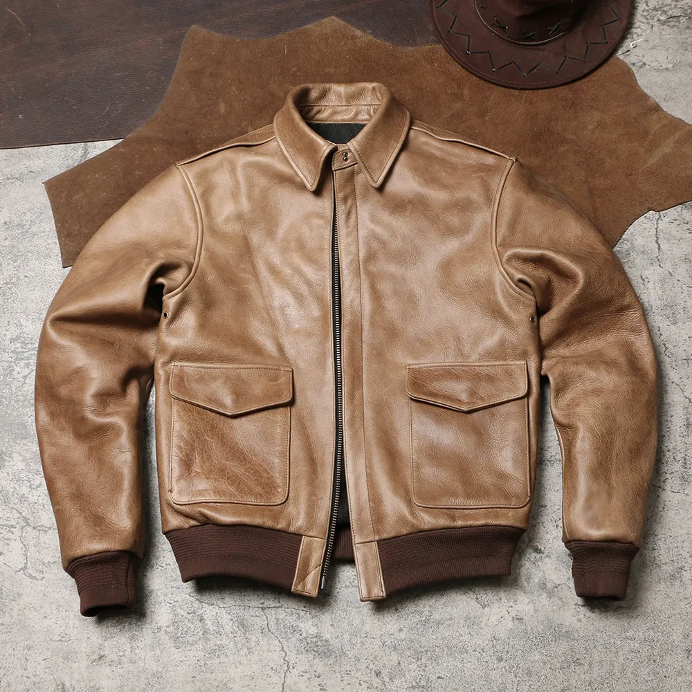 Heavyweight Vintage A2 Flight Jacket, Wax Rosin Cowhide Genuine Leather Air Force Pilot Coat Men Autumn Winter Outerwear