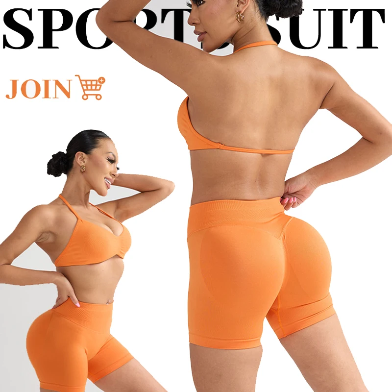 

Two Piece Impacts Gym Set Women Strappy Yoga Bra Top Workout Scrunch Leggings Sport Suit Fitness Clothes Seamless Sportswear Set