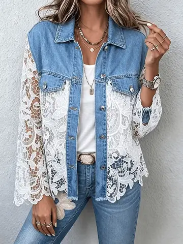 Women's Lapel Denim Spliced Lace Shirt Button Front Hollow Out Floral Lace Flare Sleeve Casual Fashion Streetwear Jean Blouse